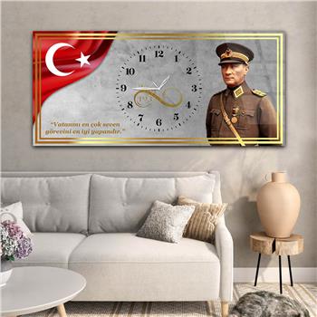 Yatay Saatli Ortadan Vatan Temalı Cam Tablo 143