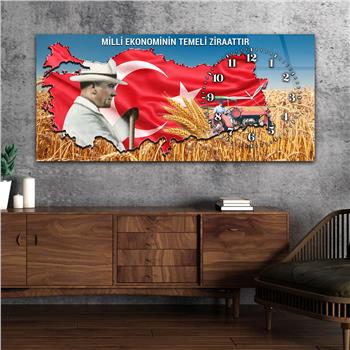 Yatay Saatli Yandan Vatan Temalı Cam Tablo 037