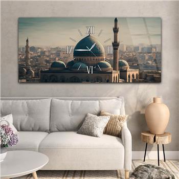 Yatay Ortadan Saatli  Dini Temalı Cam Tablo 112