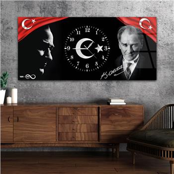 Yatay Saatli Ortadan Vatan Temalı Cam Tablo 166