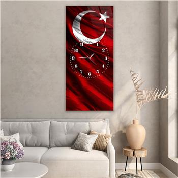 Dikey Ortadan Saatli Vatan Temalı Cam Tablo 001