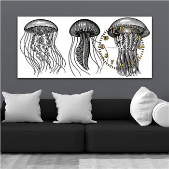 Horizontal bedrucktes Glas mit Kunst und Naturthema und einer Uhr an der Seite 103