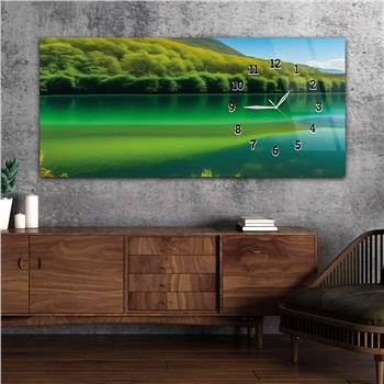 Horizontal bedrucktes Glas mit Kunst und Naturthema und einer Uhr an der Seite 179