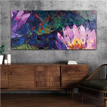 Horizontal bedrucktes Glas mit Kunst und Naturthema und einer Uhr an der Seite 193