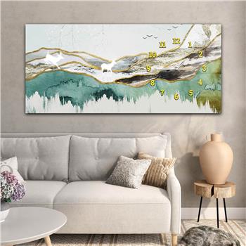 Horizontal bedrucktes Glas mit Kunst und Naturthema und einer Uhr an der Seite 157