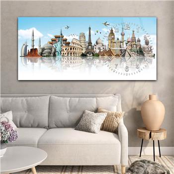 Horizontal bedrucktes Glas mit Kunst und Naturthema und einer Uhr an der Seite 107