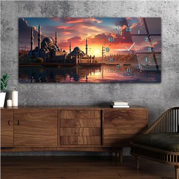 Yatay Saatli Yandan Dini Temalı Cam Tablo 084