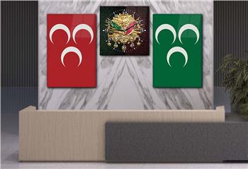 ÜÇ HİLAL VE OSMANLI DEVLET ARMASI GÖRSELLİ CAM TABLO CAM SAAT SETİ 