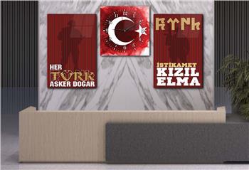 TÜRK BAYRAĞI VE TÜRK ASKERİ GÖRSELLİ CAM TABLO CAM SAAT SETİ 