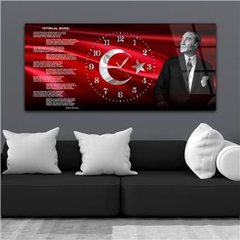Yatay Saatli Ortadan Vatan Temalı Cam Tablo 168