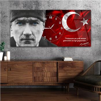 Yatay Saatli Ortadan Vatan Temalı Cam Tablo 146