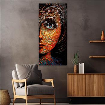 Dikey Üstten Saatli Sanat Temalı Cam Tablo 012