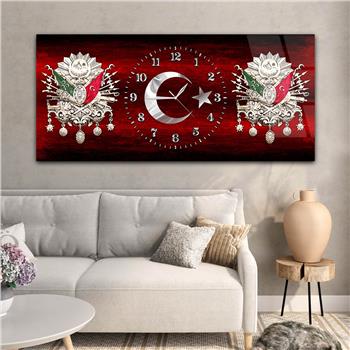 Yatay Saatli Ortadan Vatan Temalı Cam Tablo 150