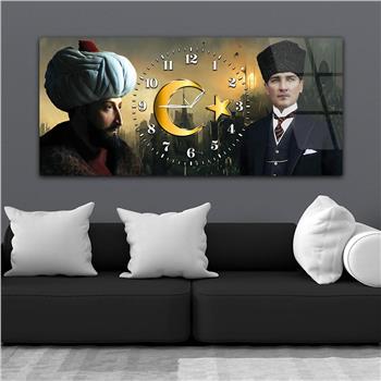 Yatay Saatli Ortadan Vatan Temalı Cam Tablo 157