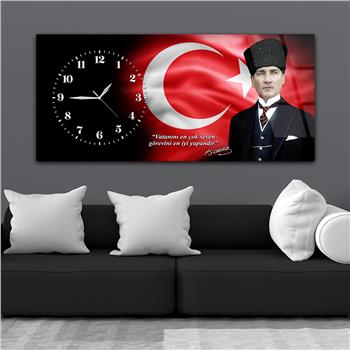 Yatay Saatli Yandan Vatan Temalı Cam Tablo 030
