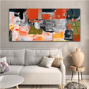 Horizontal bedrucktes Glas mit Kunst und Naturthema und einer Uhr an der Seite 147