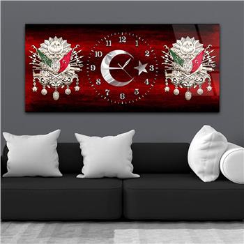 Yatay Saatli Ortadan Vatan Temalı Cam Tablo 150