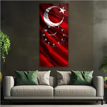 Dikey Ortadan Saatli Vatan Temalı Cam Tablo 001