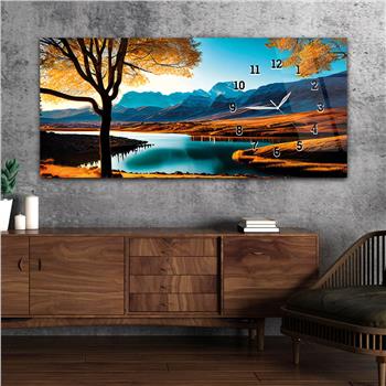 Horizontal bedrucktes Glas mit Kunst und Naturthema und einer Uhr an der Seite 171