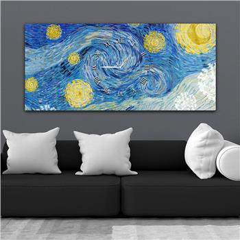 Horizontal bedrucktes Glas mit Kunst- und Naturthema und einer Uhr in der Mitte 002