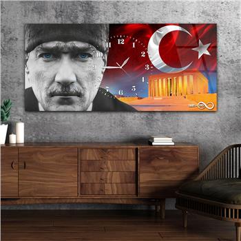 Yatay Saatli Ortadan Vatan Temalı Cam Tablo 160