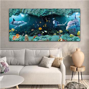 Horizontal bedrucktes Glas mit Kunst und Naturthema und einer Uhr an der Seite 045