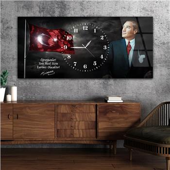 Yatay Saatli Ortadan Vatan Temalı Cam Tablo 156