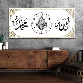 Yatay Saatli Ortadan Dini Temalı Cam Tablo 118