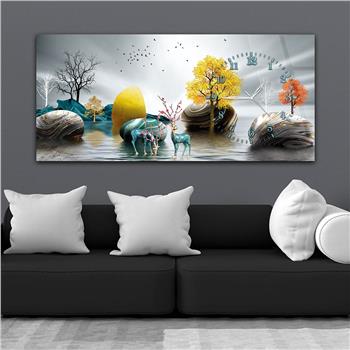 Yatay Saatli Yandan Sanat ve Doğa Temalı Cam Tablo 015