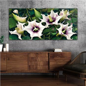 Zambak Çiçeği Desenli Yatay Saatli Yandan Sanat ve Doğa Temalı Cam Tablo 234