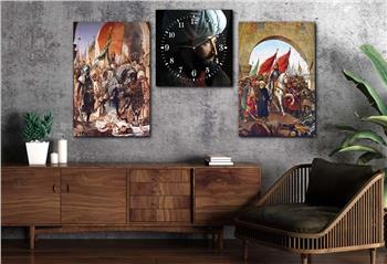FATİH SULTAN MEHMET HANIN SURLARDAN İSTANBULA GİRİŞİNİ GÖSTEREN  CAM TABLO SAAT SETİ 