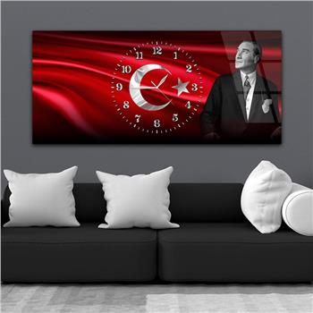 Yatay Saatli Ortadan Vatan Temalı Cam Tablo 167