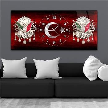 Yatay Saatli Ortadan Vatan Temalı Cam Tablo 150