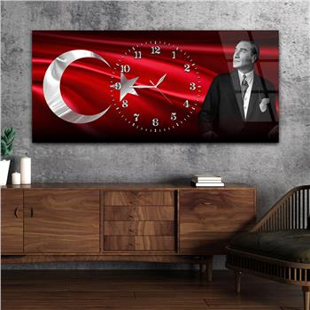 Yatay Saatli Ortadan Vatan Temalı Cam Tablo 145
