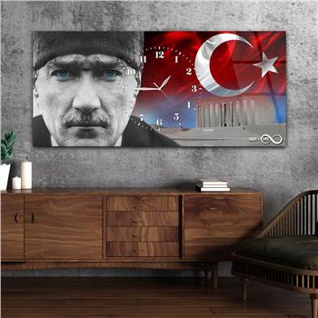 Yatay Saatli Ortadan Vatan Temalı Cam Tablo 161