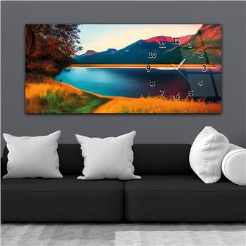 Horizontal bedrucktes Glas mit Kunst und Naturthema und einer Uhr an der Seite 177