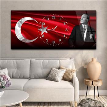 Yatay Saatli Ortadan Vatan Temalı Cam Tablo 145