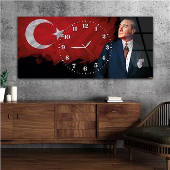 Yatay Saatli Ortadan Vatan Temalı Cam Tablo 152