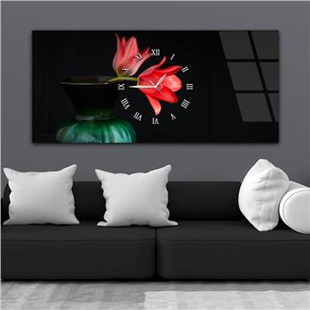 Horizontal bedrucktes Glas mit Kunst- und Naturthema und einer Uhr in der Mitte 020