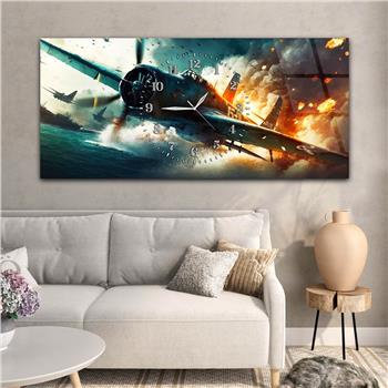 Deniz Üstünde Savaş Uçağı Görselli Saatli Cam Tablo