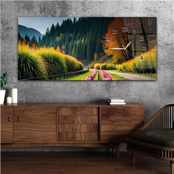 Horizontal bedrucktes Glas mit Kunst und Naturthema und einer Uhr an der Seite 174