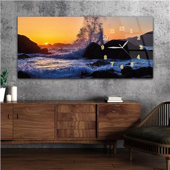 Horizontal bedrucktes Glas mit Kunst und Naturthema und einer Uhr an der Seite 121