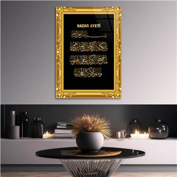 SARI ÇERÇEVE GÖRSELLİ NAZAR AYETİ YAZILI CAM TABLO 