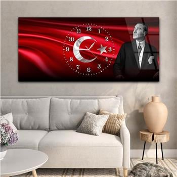 Yatay Saatli Ortadan Vatan Temalı Cam Tablo 167