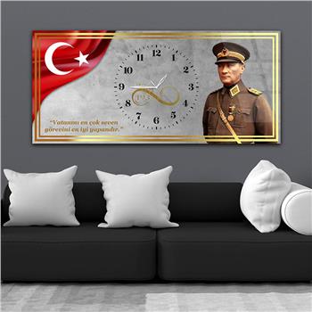 Yatay Saatli Ortadan Vatan Temalı Cam Tablo 143