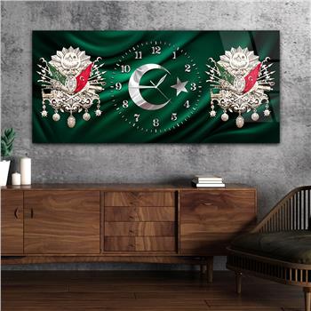 Yatay Saatli Ortadan Vatan Temalı Cam Tablo 149