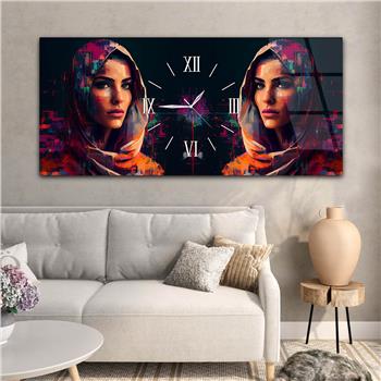 Yatay Ortadan Saatli  Sanat ve Doğa Temalı Cam Tablo 066