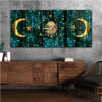 Mavi Zemin Üzerine Ayyıldız ve Osmanlı Tuğrası Saatli Cam Tablo 087