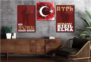 TÜRK BAYRAĞI VE TÜRK ASKERİ GÖRSELLİ CAM TABLO CAM SAAT SETİ 