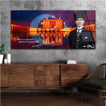 Yatay Saatli Ortadan Vatan Temalı Cam Tablo 170